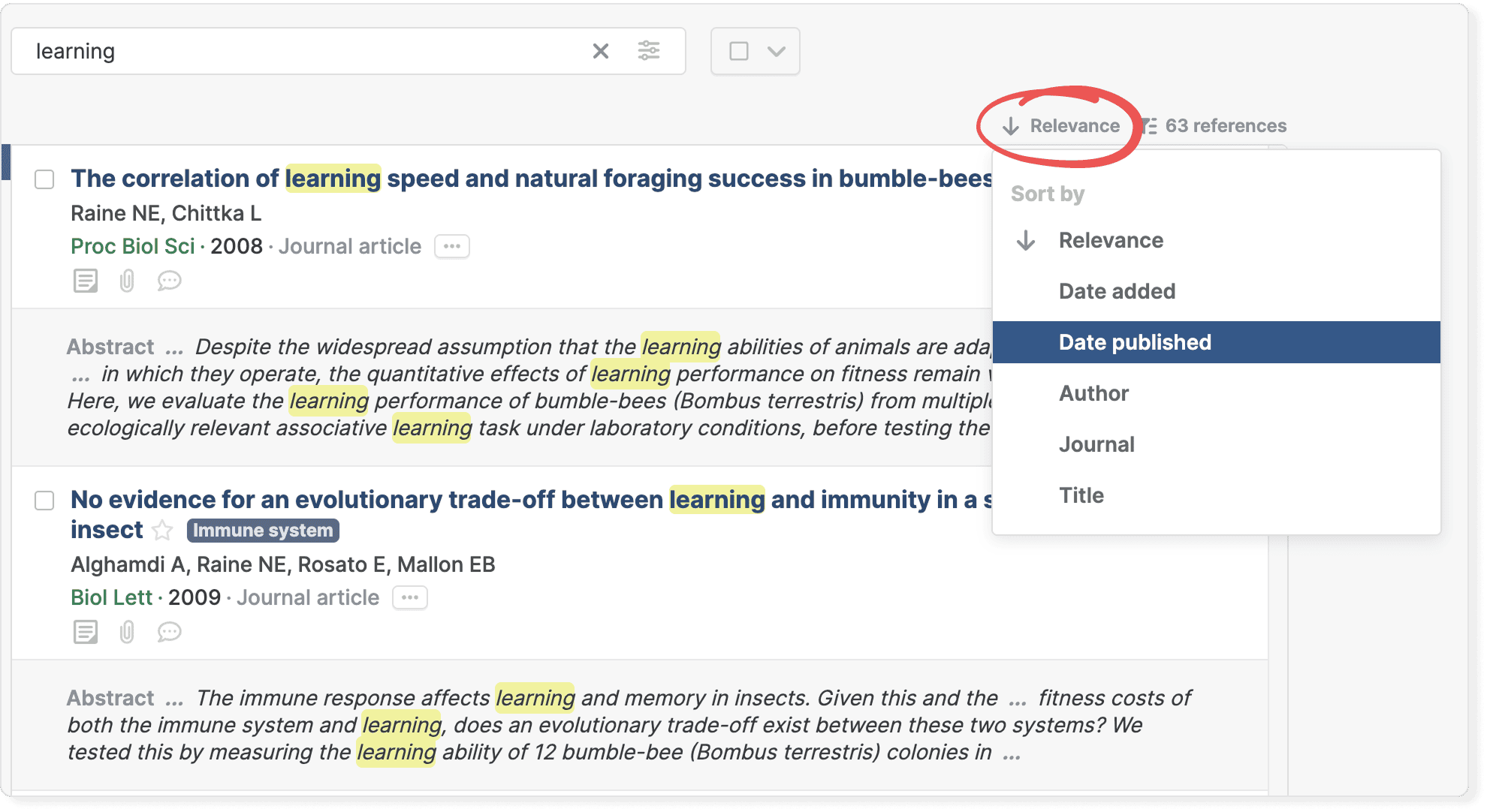 A library search for “learning” with the term highlighted in titles and abstracts, and the circled sort control open on Relevance (ticked), Date added, a highlighted Date published, Author, Journal and Title.